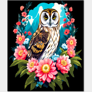 A Cute Short Eared Owl Surrounded by Bold Vibrant Spring Flowers Posters and Art