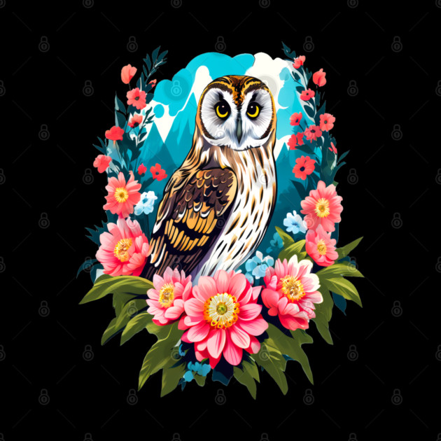 A Cute Short Eared Owl Surrounded by Bold Vibrant Spring Flowers by BirdsnStuff