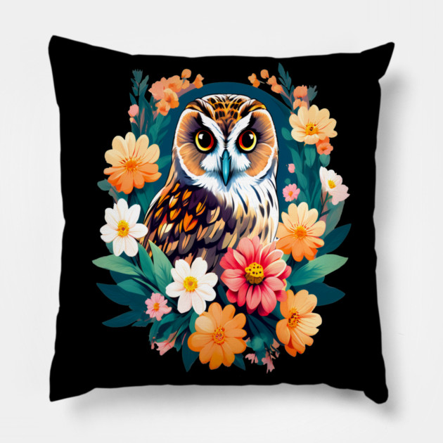 A Cute Short Eared Owl Surrounded by Bold Vibrant Spring Flowers Pillow by BirdsnStuff