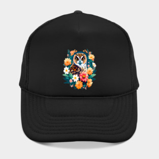 A Cute Short Eared Owl Surrounded by Bold Vibrant Spring Flowers Hat