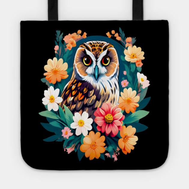 A Cute Short Eared Owl Surrounded by Bold Vibrant Spring Flowers Tote by BirdsnStuff