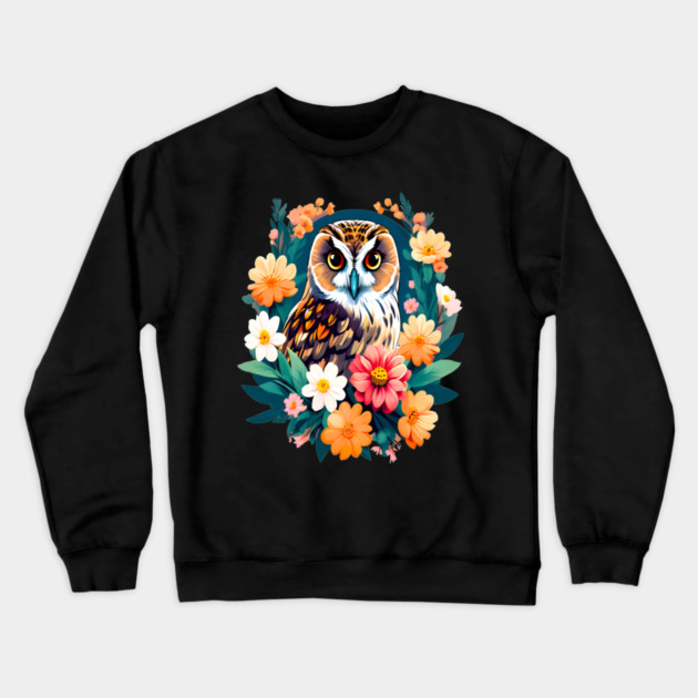 A Cute Short Eared Owl Surrounded by Bold Vibrant Spring Flowers Crewneck Sweatshirt by BirdsnStuff