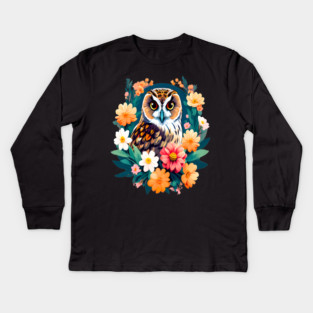 A Cute Short Eared Owl Surrounded by Bold Vibrant Spring Flowers Kids Long Sleeve T-Shirt