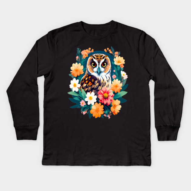 A Cute Short Eared Owl Surrounded by Bold Vibrant Spring Flowers Kids Long Sleeve T-Shirt by BirdsnStuff