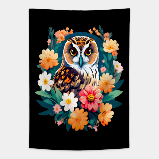 A Cute Short Eared Owl Surrounded by Bold Vibrant Spring Flowers Tapestry by BirdsnStuff