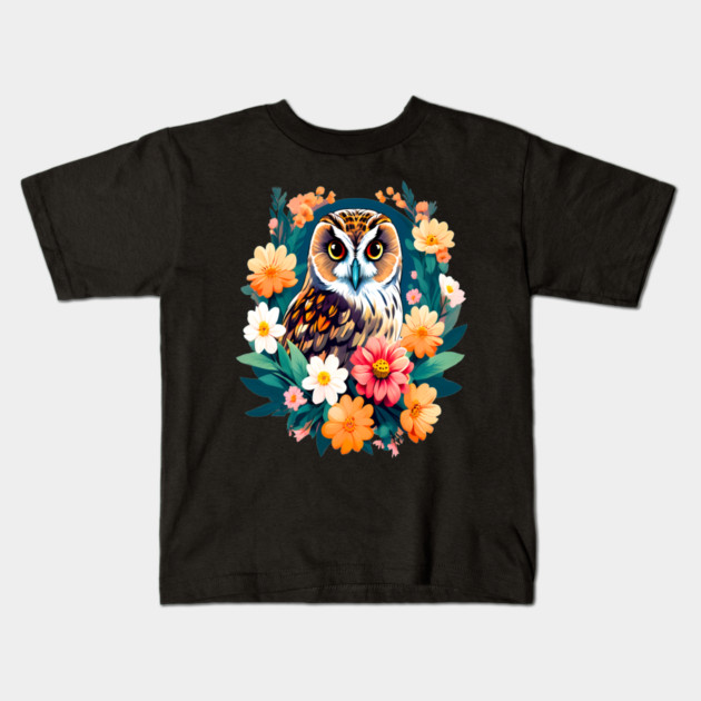 A Cute Short Eared Owl Surrounded by Bold Vibrant Spring Flowers Kids T-Shirt by BirdsnStuff