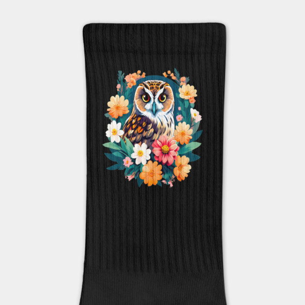 A Cute Short Eared Owl Surrounded by Bold Vibrant Spring Flowers by BirdsnStuff