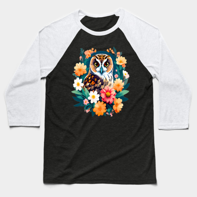 A Cute Short Eared Owl Surrounded by Bold Vibrant Spring Flowers Baseball T-Shirt by BirdsnStuff