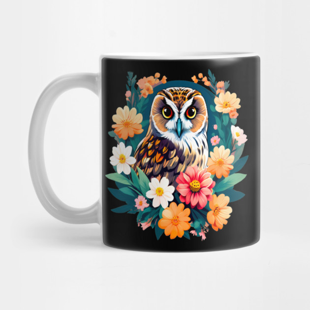 A Cute Short Eared Owl Surrounded by Bold Vibrant Spring Flowers by BirdsnStuff