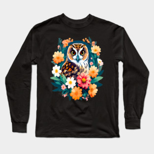 A Cute Short Eared Owl Surrounded by Bold Vibrant Spring Flowers Long Sleeve T-Shirt