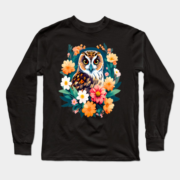 A Cute Short Eared Owl Surrounded by Bold Vibrant Spring Flowers Long Sleeve T-Shirt by BirdsnStuff