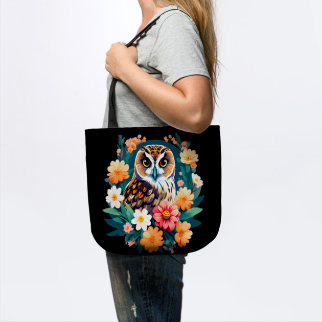 A Cute Short Eared Owl Surrounded by Bold Vibrant Spring Flowers by BirdsnStuff