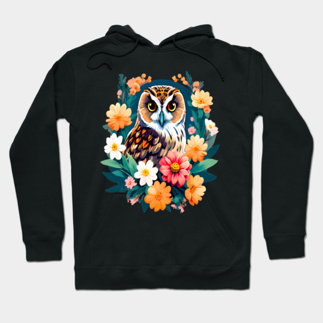 A Cute Short Eared Owl Surrounded by Bold Vibrant Spring Flowers Hoodie by BirdsnStuff