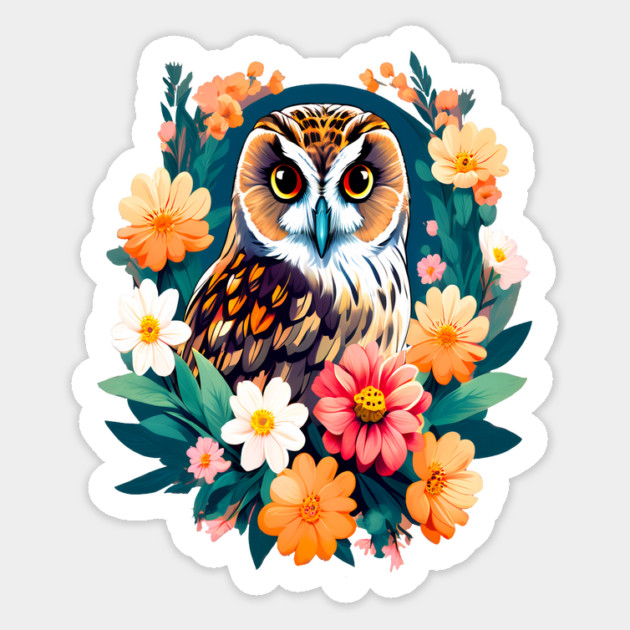 A Cute Short Eared Owl Surrounded by Bold Vibrant Spring Flowers Magnet by BirdsnStuff