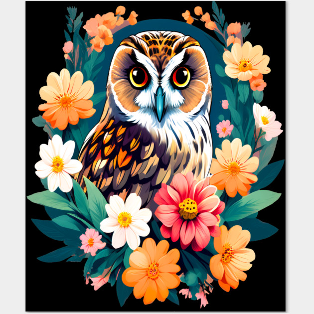 A Cute Short Eared Owl Surrounded by Bold Vibrant Spring Flowers Wall Art by BirdsnStuff