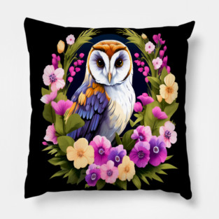 Cute European Barn Owl Surrounded by Bold Vibrant Spring Flowers Pillow