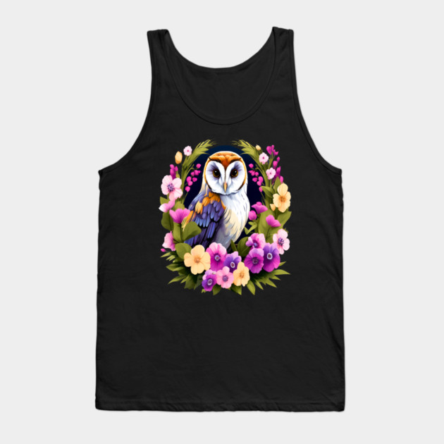Cute European Barn Owl Surrounded by Bold Vibrant Spring Flowers Tank Top by BirdsnStuff