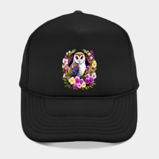 Cute European Barn Owl Surrounded by Bold Vibrant Spring Flowers Hat