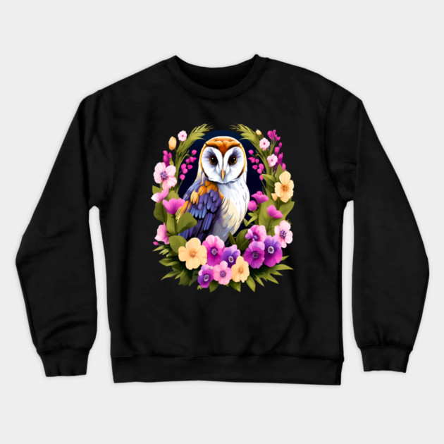 Cute European Barn Owl Surrounded by Bold Vibrant Spring Flowers Crewneck Sweatshirt by BirdsnStuff