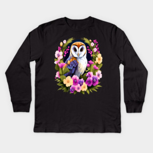 Cute European Barn Owl Surrounded by Bold Vibrant Spring Flowers Kids Long Sleeve T-Shirt