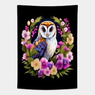 Cute European Barn Owl Surrounded by Bold Vibrant Spring Flowers Tapestry