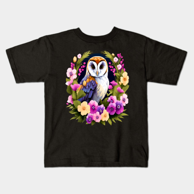 Cute European Barn Owl Surrounded by Bold Vibrant Spring Flowers Kids T-Shirt by BirdsnStuff