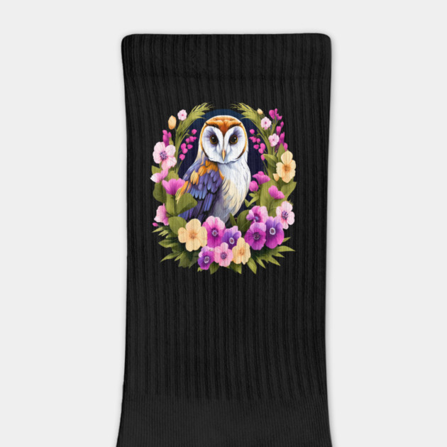 Cute European Barn Owl Surrounded by Bold Vibrant Spring Flowers by BirdsnStuff