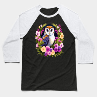 Cute European Barn Owl Surrounded by Bold Vibrant Spring Flowers Baseball T-Shirt