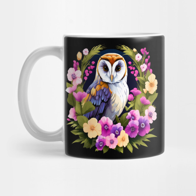Cute European Barn Owl Surrounded by Bold Vibrant Spring Flowers by BirdsnStuff