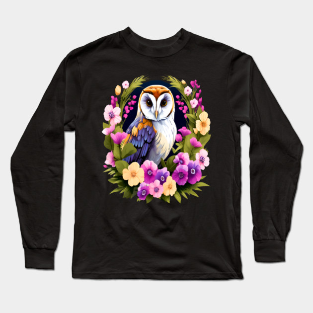Cute European Barn Owl Surrounded by Bold Vibrant Spring Flowers Long Sleeve T-Shirt by BirdsnStuff