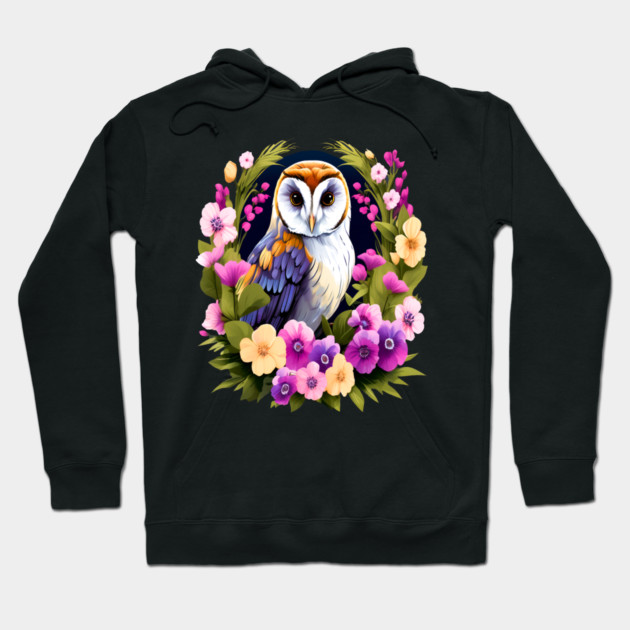 Cute European Barn Owl Surrounded by Bold Vibrant Spring Flowers Hoodie by BirdsnStuff