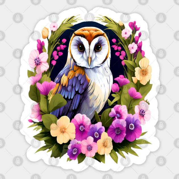 Cute European Barn Owl Surrounded by Bold Vibrant Spring Flowers Sticker by BirdsnStuff