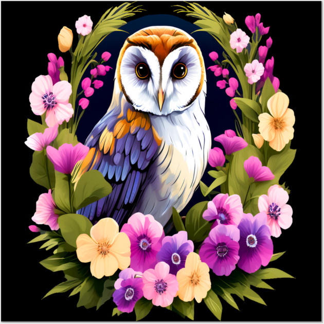 Cute European Barn Owl Surrounded by Bold Vibrant Spring Flowers Wall Art by BirdsnStuff