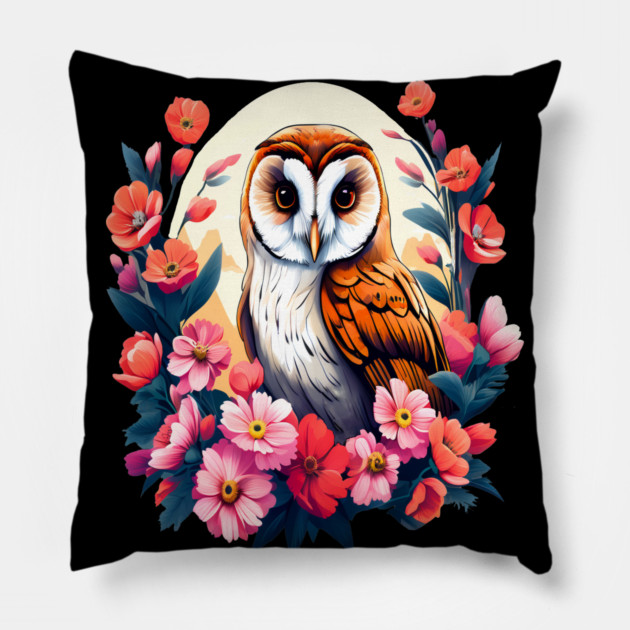 Cute European Barn Owl Surrounded by Bold Vibrant Spring Flowers Pillow by BirdsnStuff