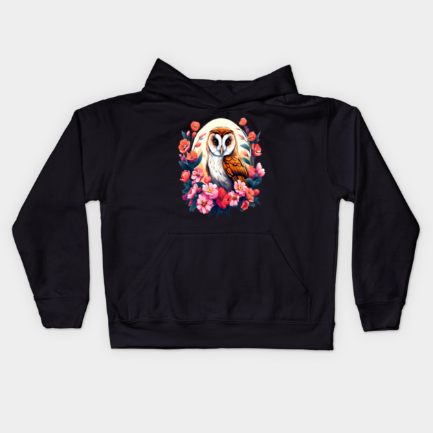 Cute European Barn Owl Surrounded by Bold Vibrant Spring Flowers Kids Hoodie by BirdsnStuff