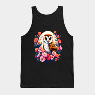 Cute European Barn Owl Surrounded by Bold Vibrant Spring Flowers Tank Top