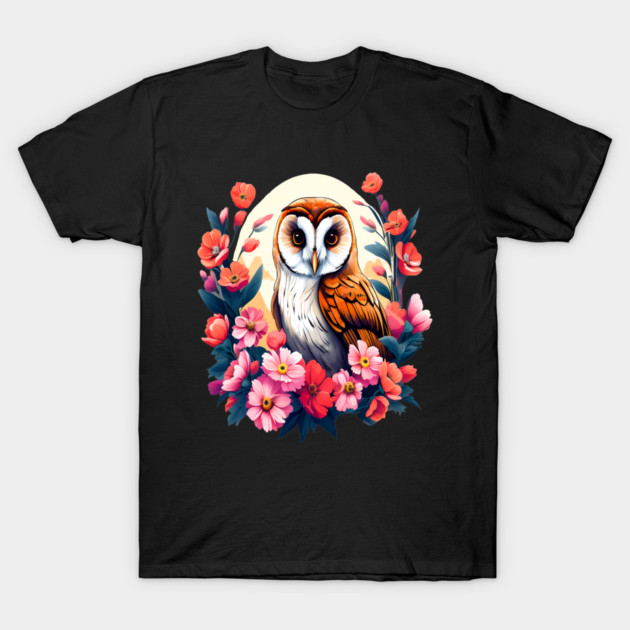 Cute European Barn Owl Surrounded by Bold Vibrant Spring Flowers T-Shirt by BirdsnStuff