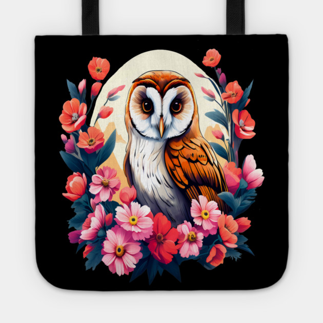 Cute European Barn Owl Surrounded by Bold Vibrant Spring Flowers Tote by BirdsnStuff