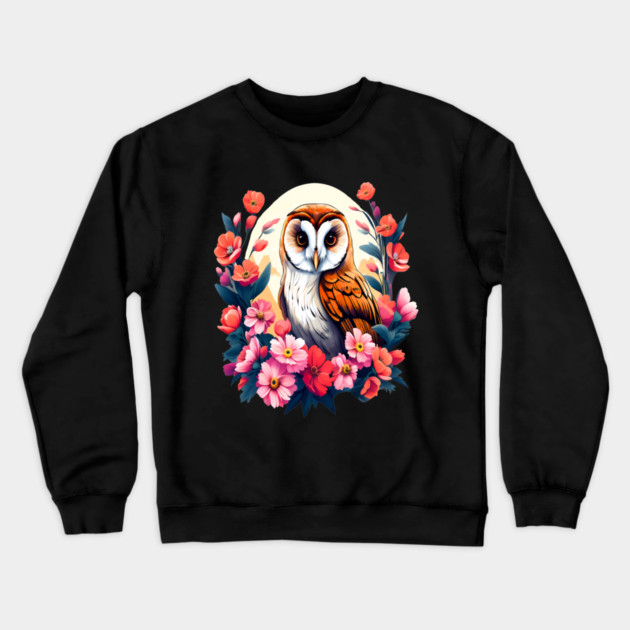 Cute European Barn Owl Surrounded by Bold Vibrant Spring Flowers Crewneck Sweatshirt by BirdsnStuff