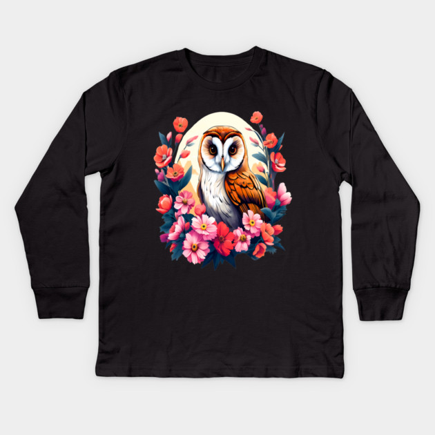 Cute European Barn Owl Surrounded by Bold Vibrant Spring Flowers Kids Long Sleeve T-Shirt by BirdsnStuff