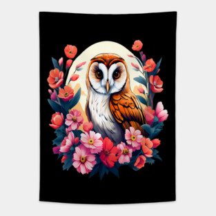Cute European Barn Owl Surrounded by Bold Vibrant Spring Flowers Tapestry
