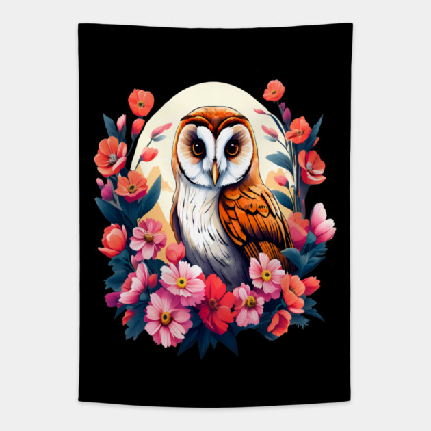 Cute European Barn Owl Surrounded by Bold Vibrant Spring Flowers Tapestry by BirdsnStuff