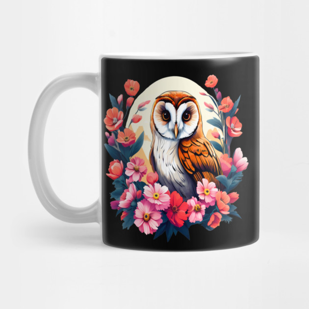 Cute European Barn Owl Surrounded by Bold Vibrant Spring Flowers by BirdsnStuff