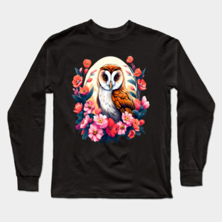Cute European Barn Owl Surrounded by Bold Vibrant Spring Flowers Long Sleeve T-Shirt