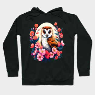 Cute European Barn Owl Surrounded by Bold Vibrant Spring Flowers Hoodie