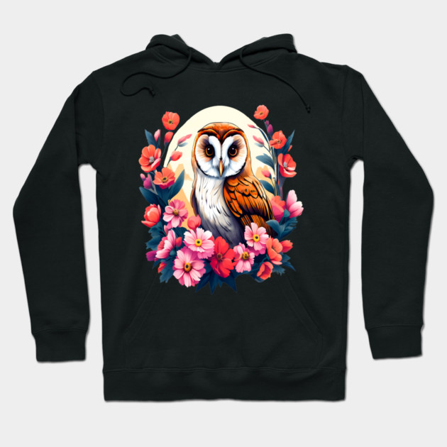 Cute European Barn Owl Surrounded by Bold Vibrant Spring Flowers Hoodie by BirdsnStuff