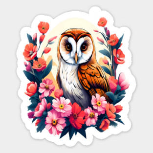 Cute European Barn Owl Surrounded by Bold Vibrant Spring Flowers Sticker