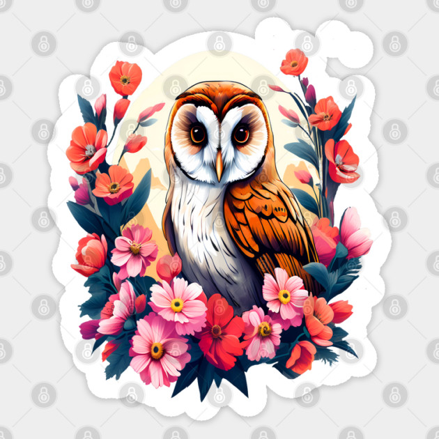 Cute European Barn Owl Surrounded by Bold Vibrant Spring Flowers Sticker by BirdsnStuff