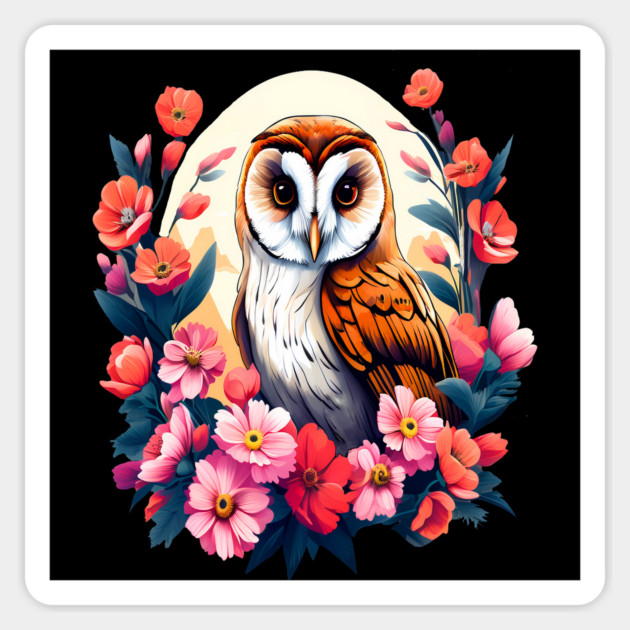 Cute European Barn Owl Surrounded by Bold Vibrant Spring Flowers Magnet by BirdsnStuff