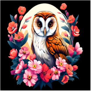 Cute European Barn Owl Surrounded by Bold Vibrant Spring Flowers Posters and Art